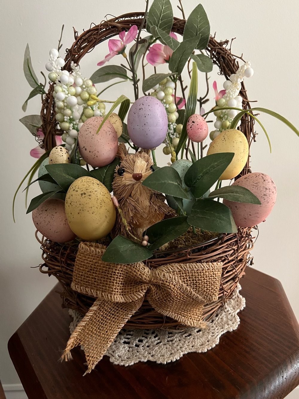 Spring Easter Basket with Pastel Speckled Eggs and Bunny - Picture 1 of 5